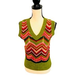 VTG Pandora Acrylic Orlon Green/ Multicolor Chevron Pattern Sweater Vest M
